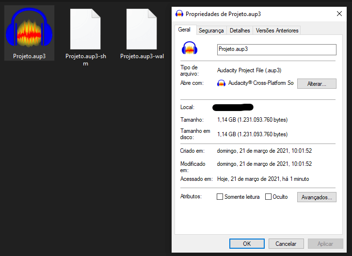 Tela do windows explorer mostrando o ícone do projeto do audacity junto com a caixa de propriedades mostrando o tamanho do arquivo de 1,2 gigas